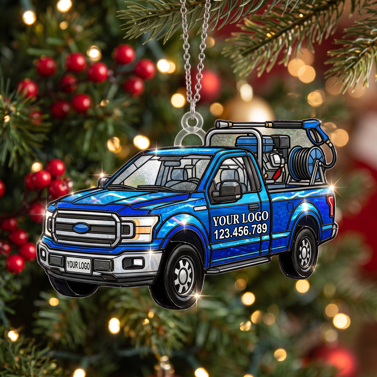 Metallic Blue Fleet Washing Truck Suncatcher Ornament
