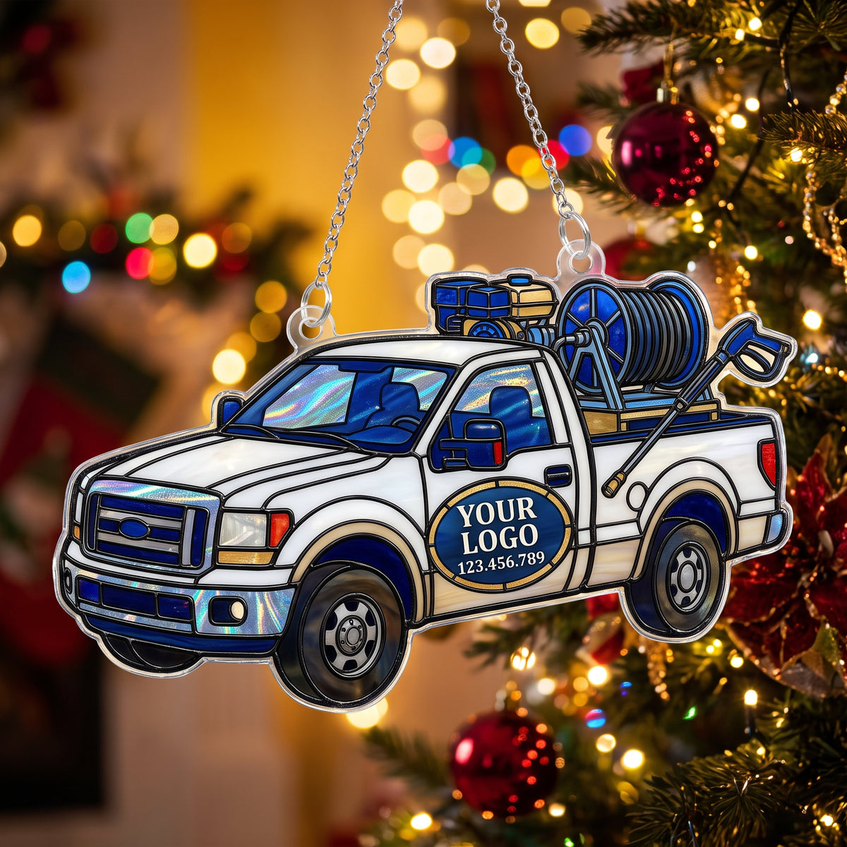 White & Blue Fleet Pressure Truck Suncatcher Ornament