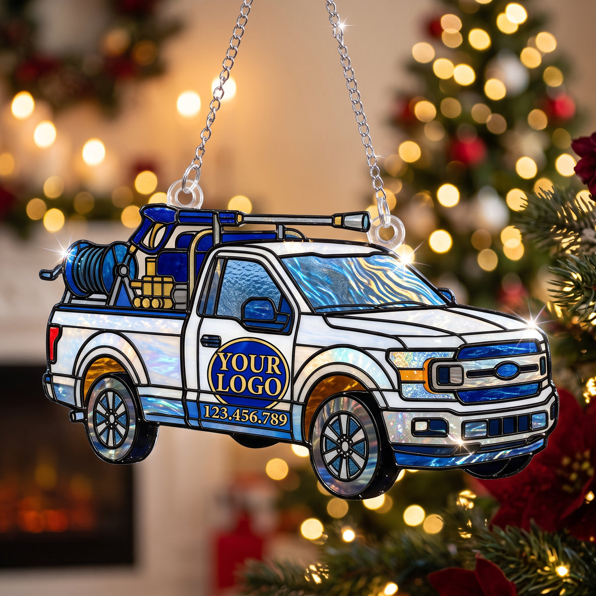 White & Blue Fleet Washing Truck Suncatcher Ornament