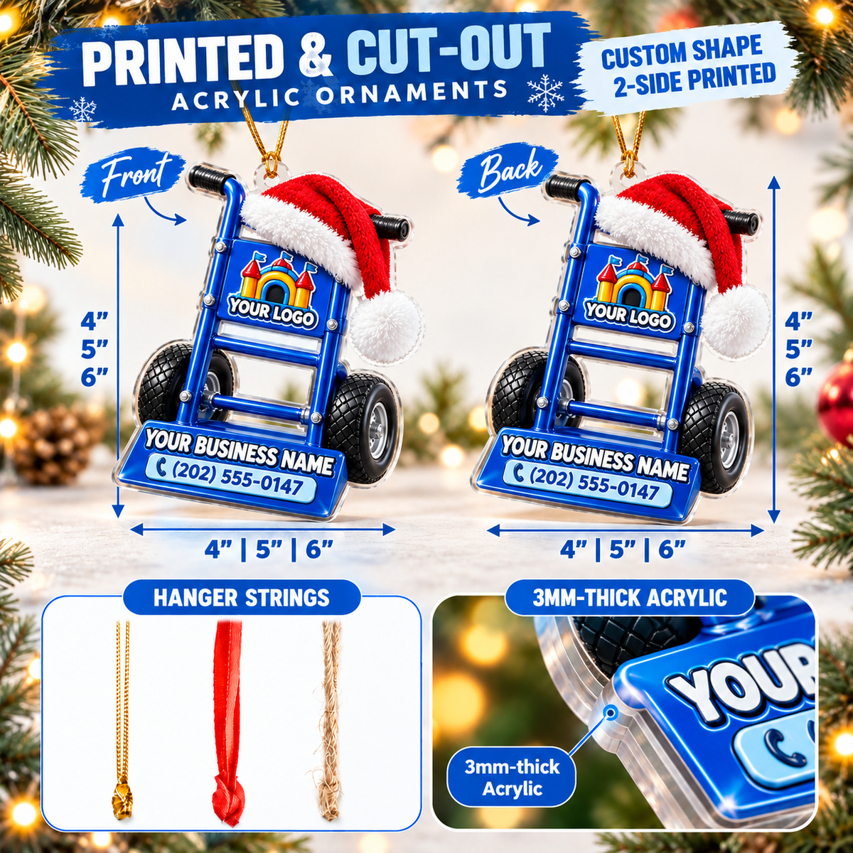 Printed and cut-out acrylic ornaments, 2-side printed, 3mm thick acrylic