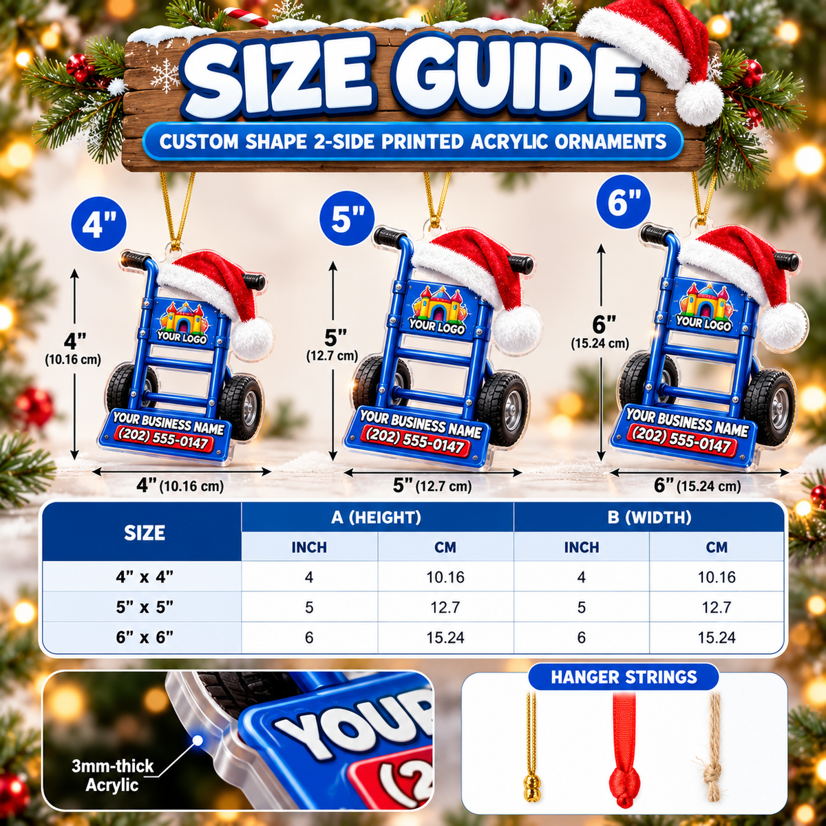 Acrylic ornament size guide: 4in, 5in and 6in, 3mm thick, hanger strings