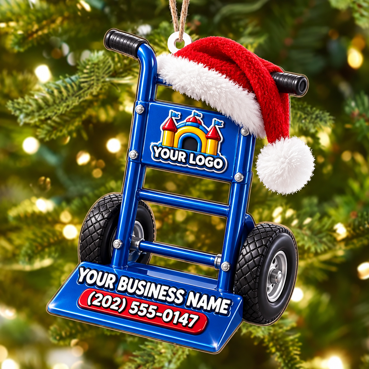 Santa Hat Blue Hand Truck Castle Logo Bounce House Acrylic Ornament