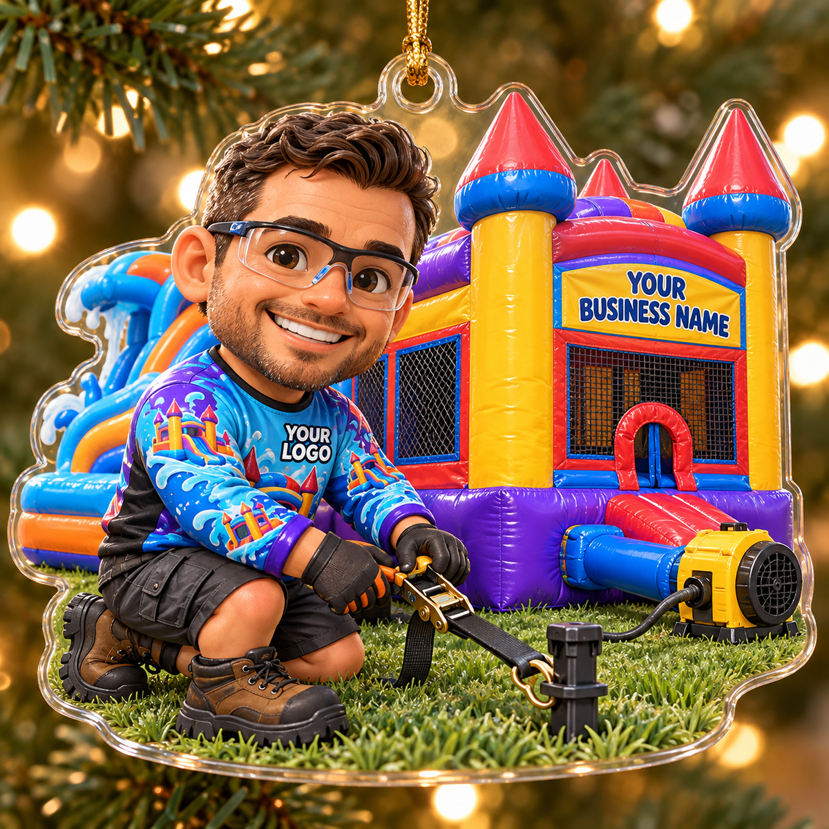 Kneeling Technician Stake Castle Caricature Bounce House Acrylic Ornament