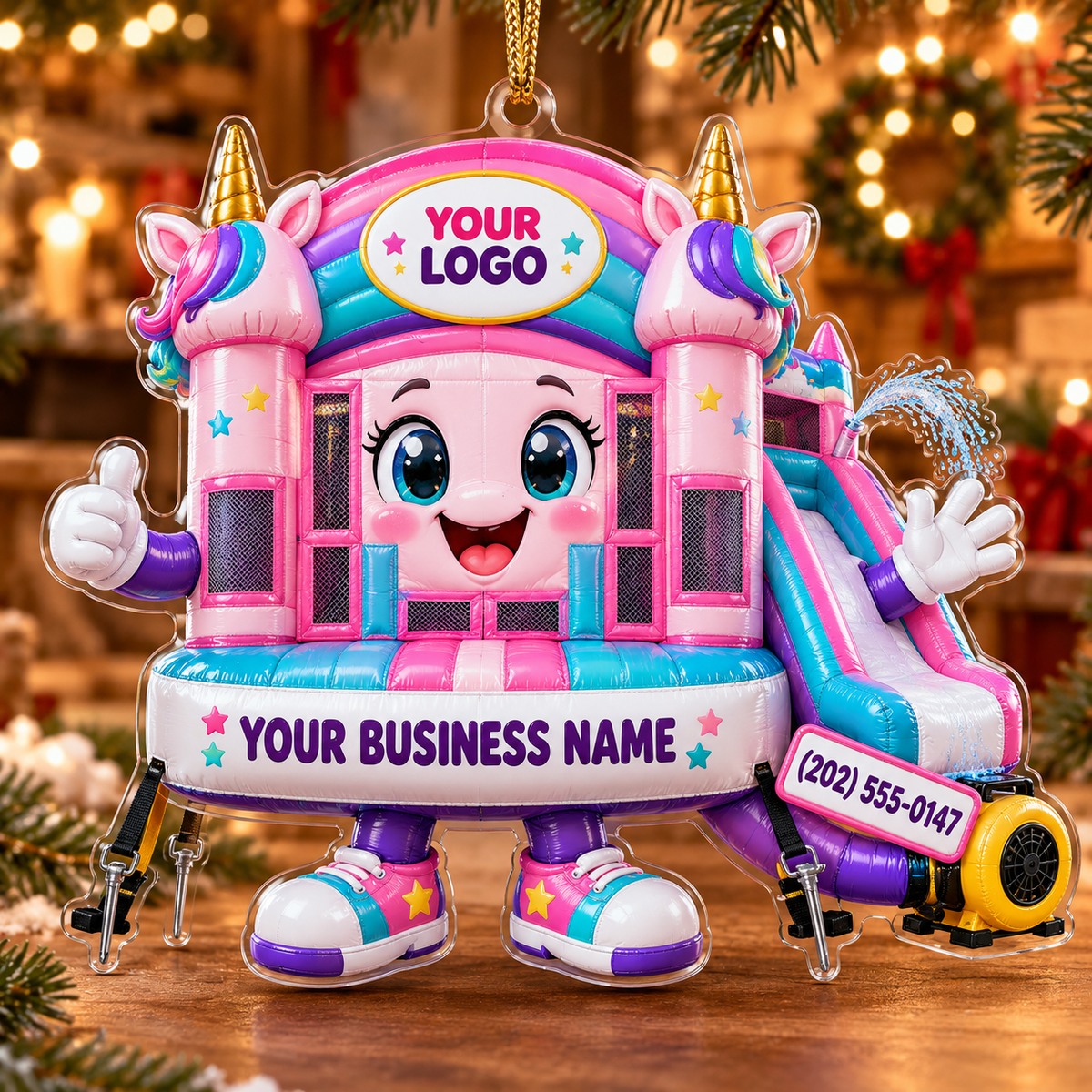 Unicorn Castle Mascot Pink Slide Bounce House Acrylic Ornament