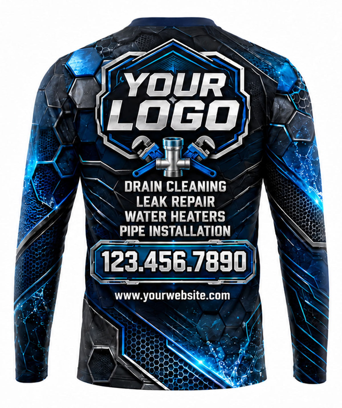 Hex Honeycomb Blue Water Surge Plumbing Crew Uniform back