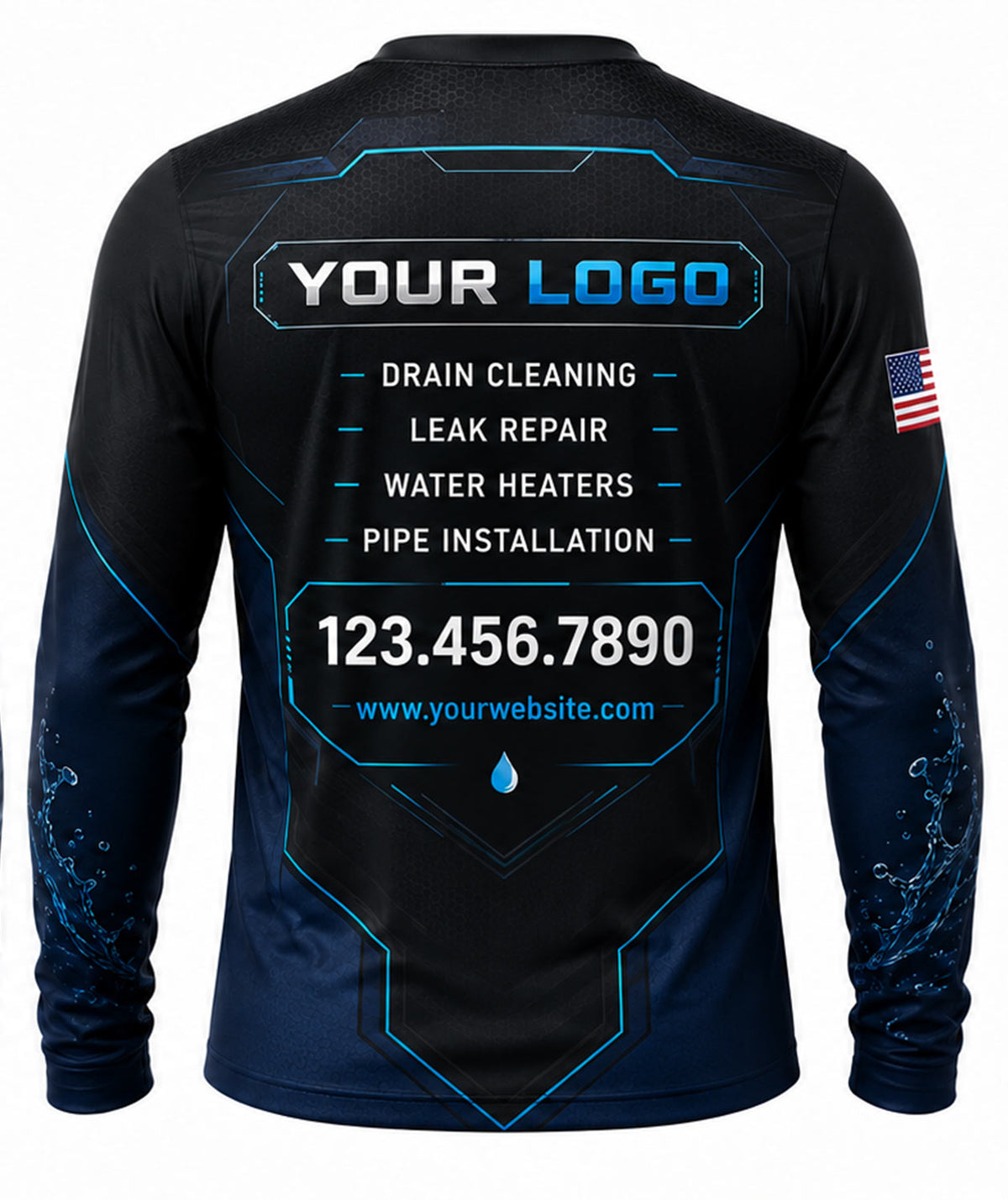 Black Hex Shield Cyan Drop Plumbing Crew Uniform back