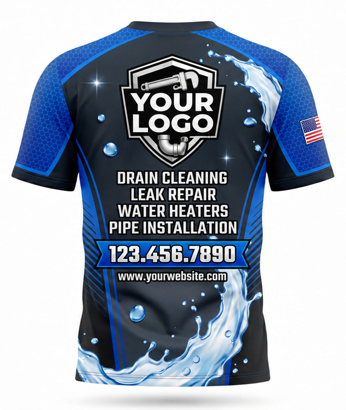 Black Royal Blue Water Wave Raglan Plumbing Crew Uniform back