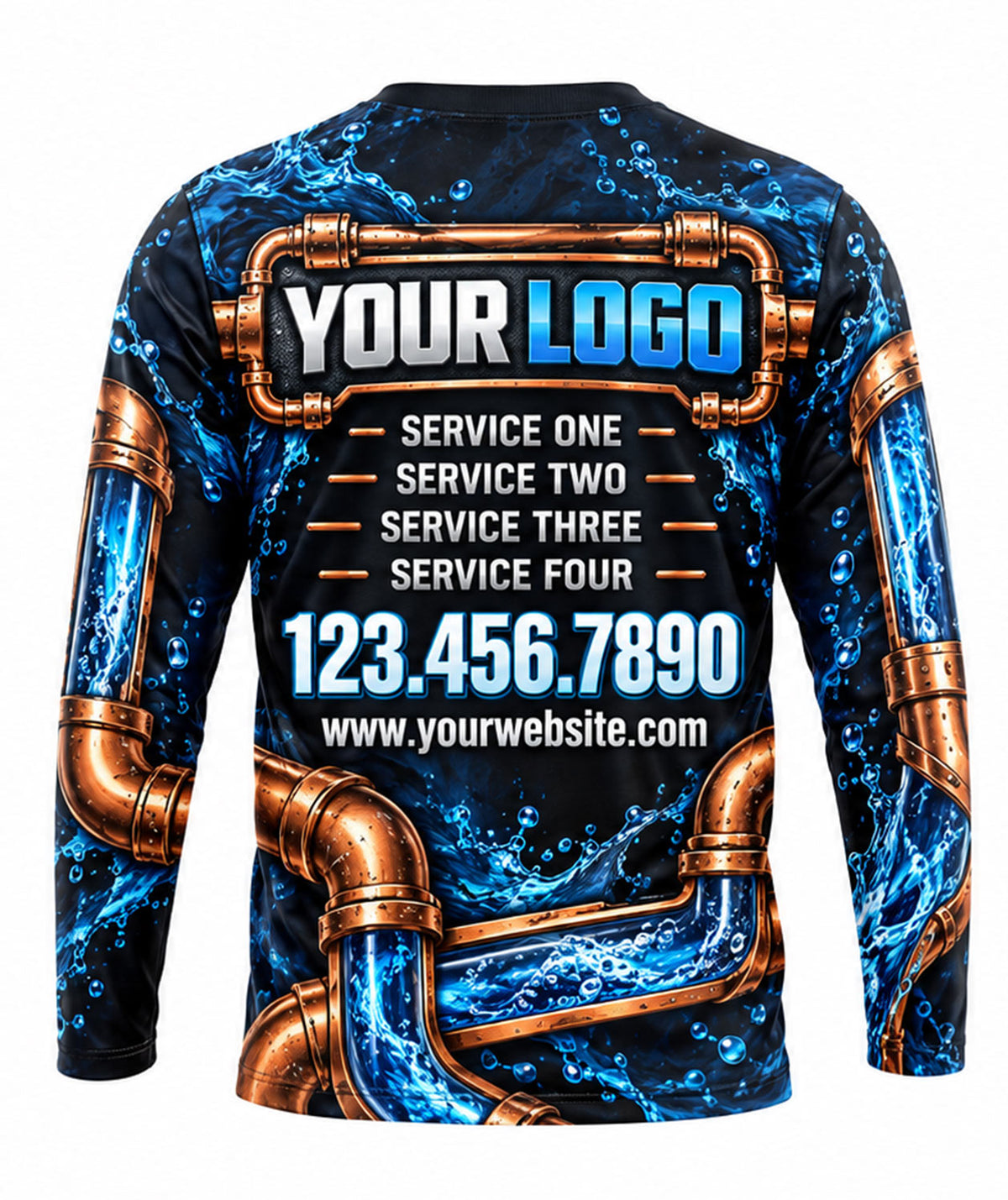 Copper Pipe Maze Blue Lightning Plumbing Crew Uniform back
