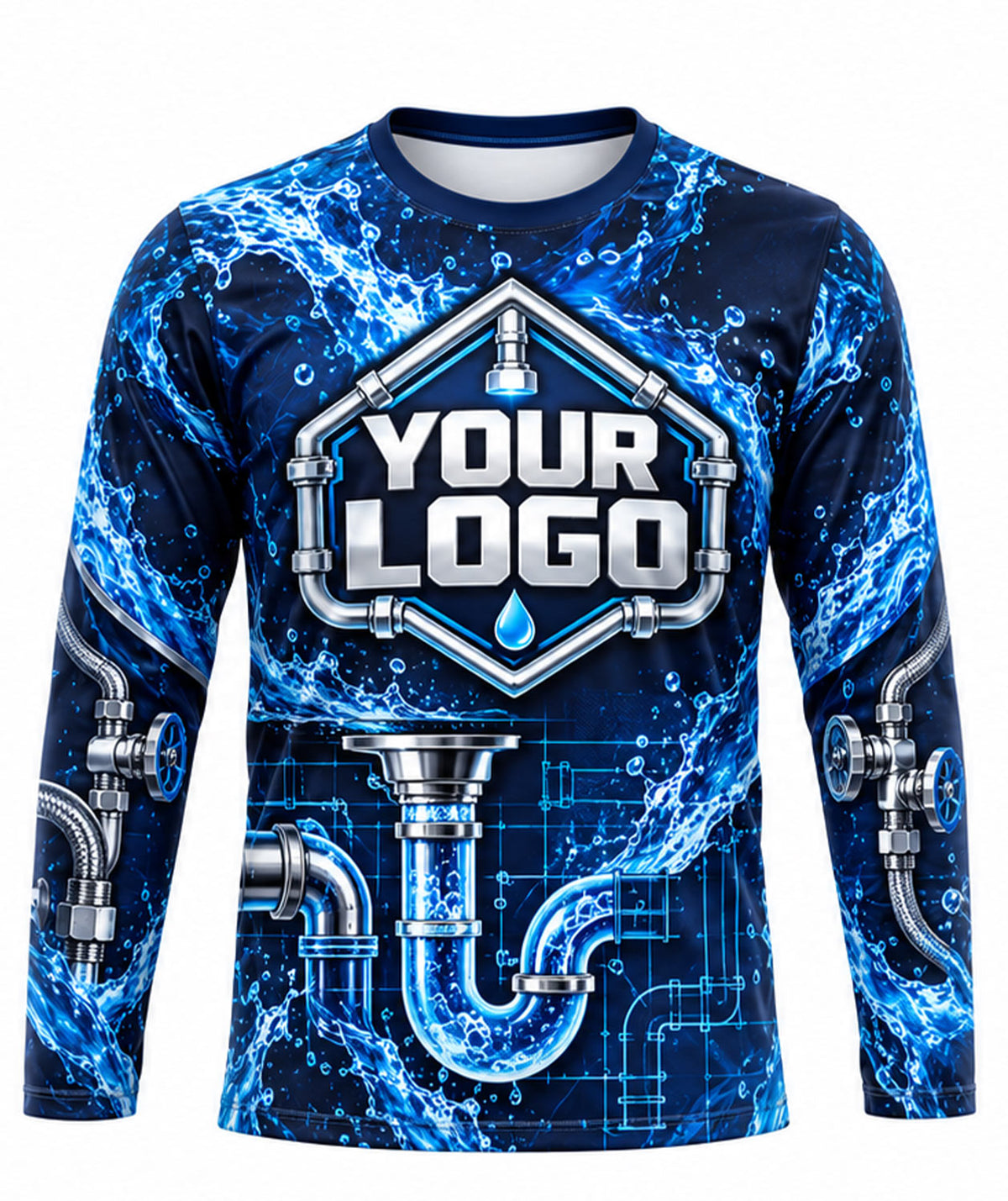 Electric Blue P-Trap Pipe Blueprint Plumbing Crew Uniform
