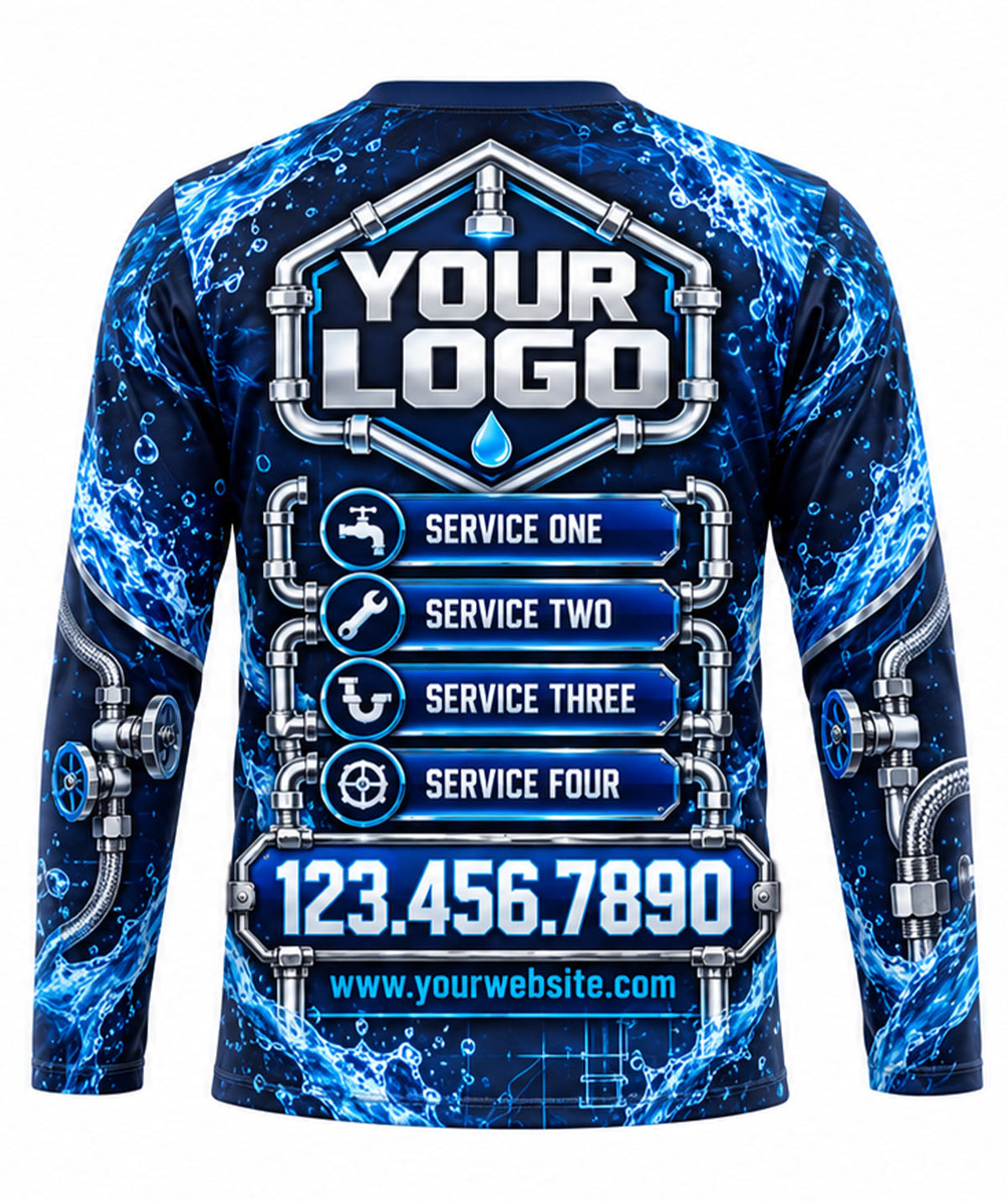 Electric Blue P-Trap Pipe Blueprint Plumbing Crew Uniform back