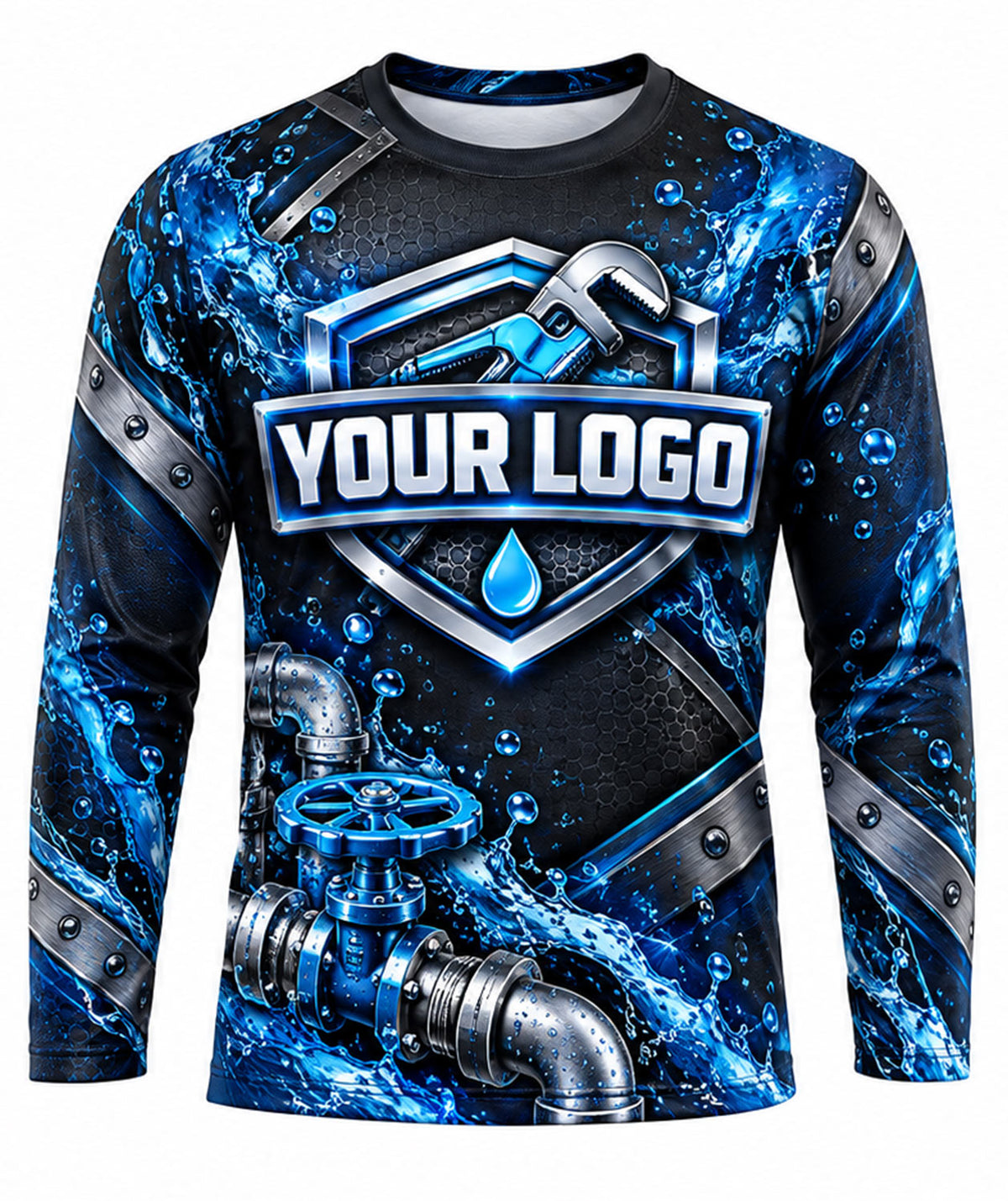 Hex Shield Chrome Pipe Blue Splash Plumbing Crew Uniform