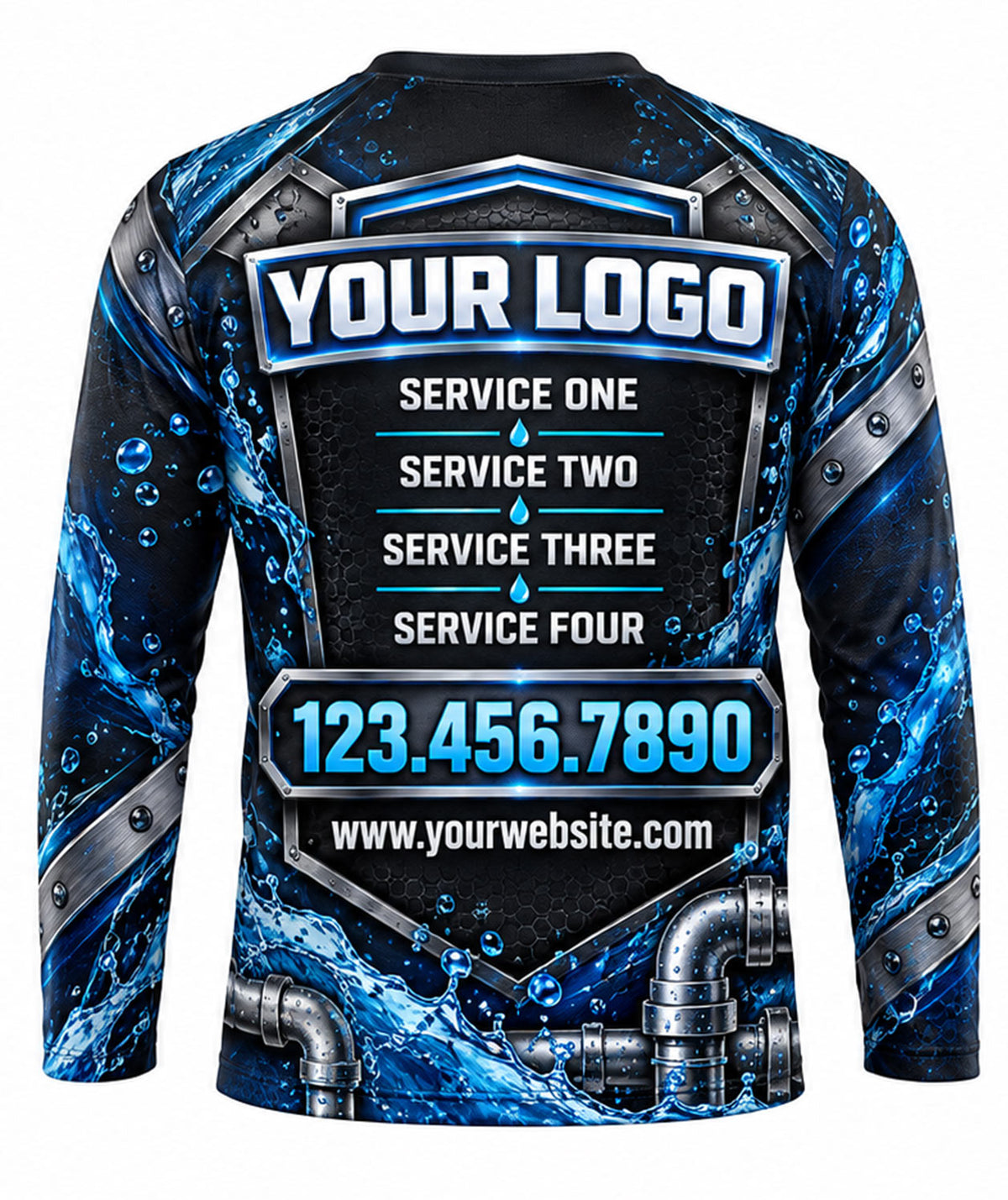 Hex Shield Chrome Pipe Blue Splash Plumbing Crew Uniform back