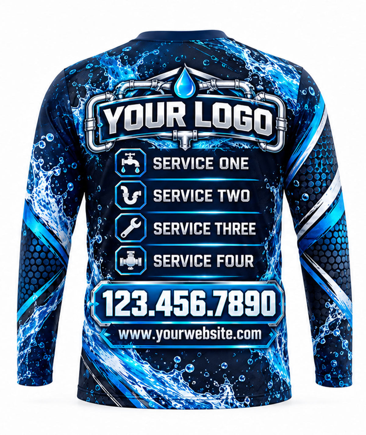 Pipe Wrench Blue Circuit Water Splash Plumbing Crew Uniform back