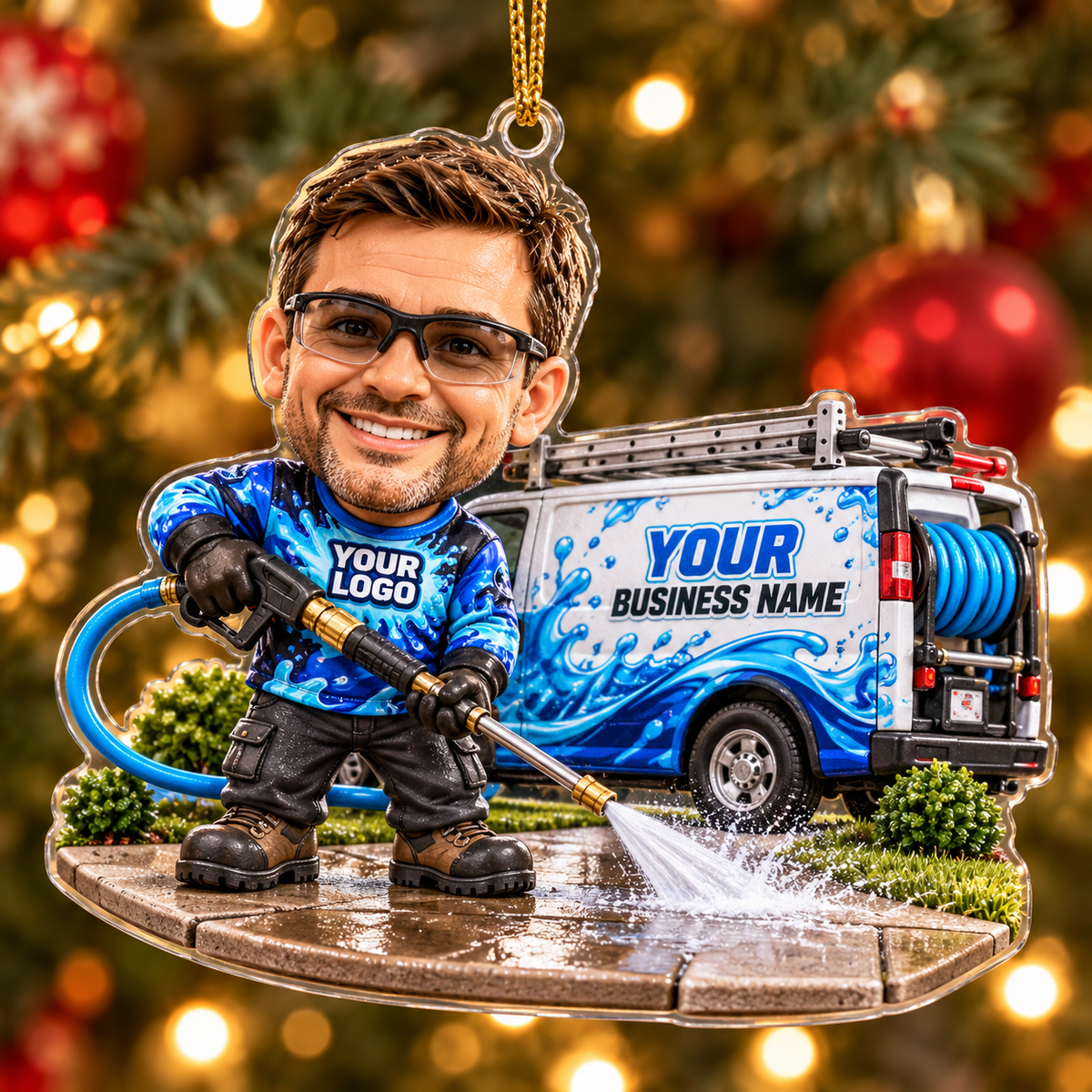Blue Wave Van Technician Caricature Pressure Washing Acrylic Ornament