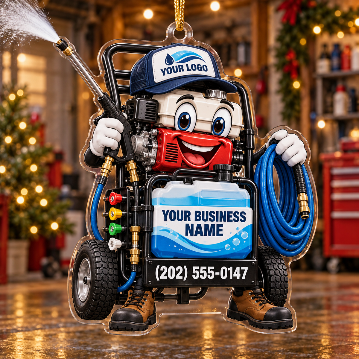 Cartoon Pressure Washer Cart Hose Reel Mascot Pressure Washing Acrylic Ornament